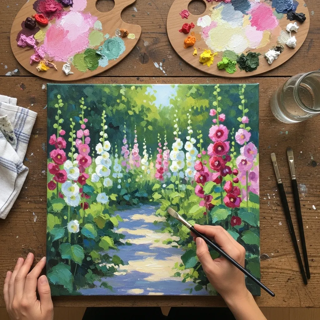 Acrylic garden scene with tall pink and white hollyhocks lining a sunlit path