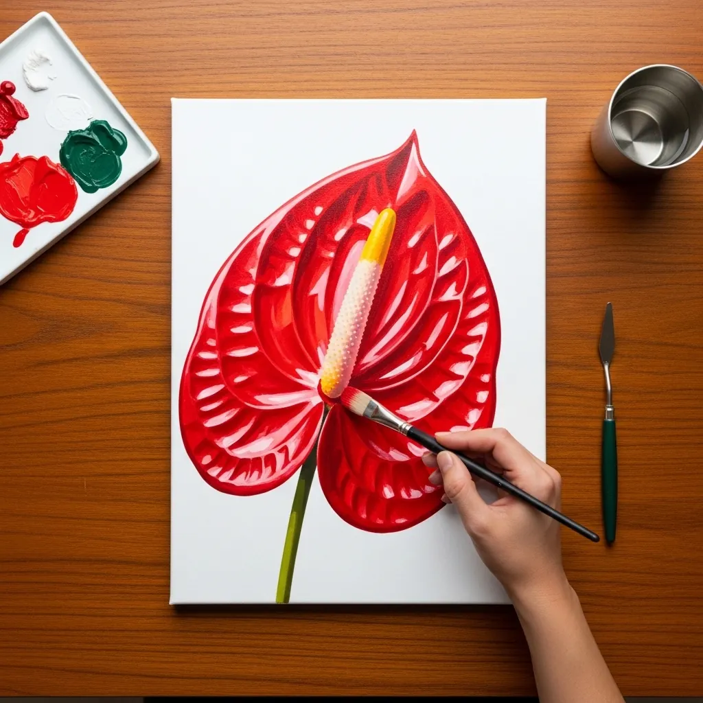 Bold red anthurium flower with a yellow spadix painted on white canvas