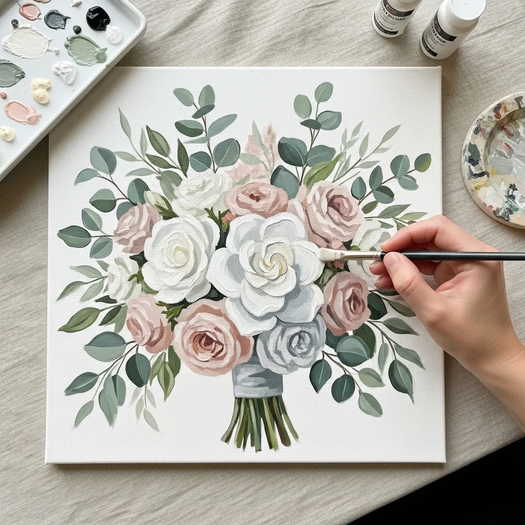Soft acrylic bouquet of white and blush roses with gray green eucalyptus leaves