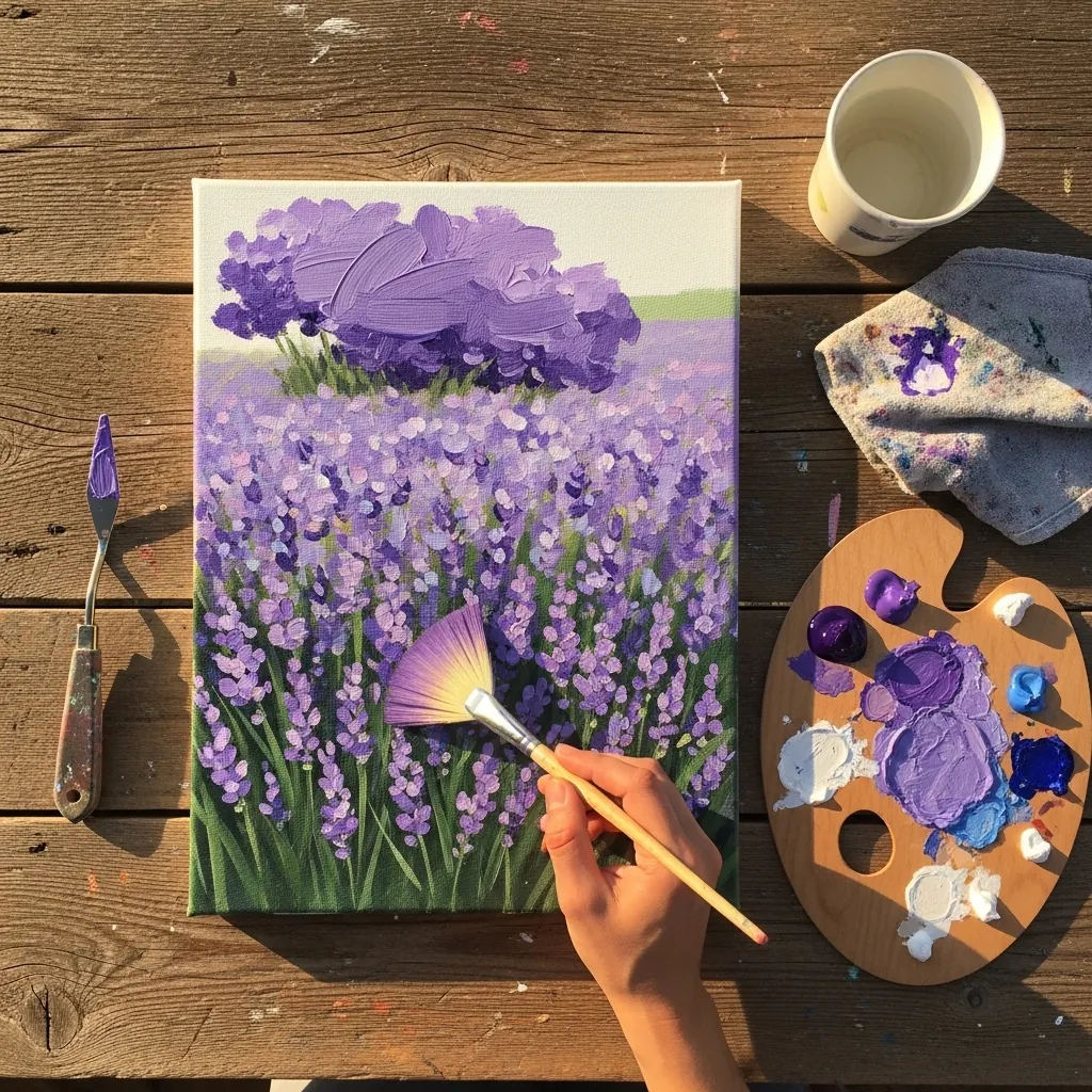 Acrylic landscape of a purple lavender field with a treeline in the distance