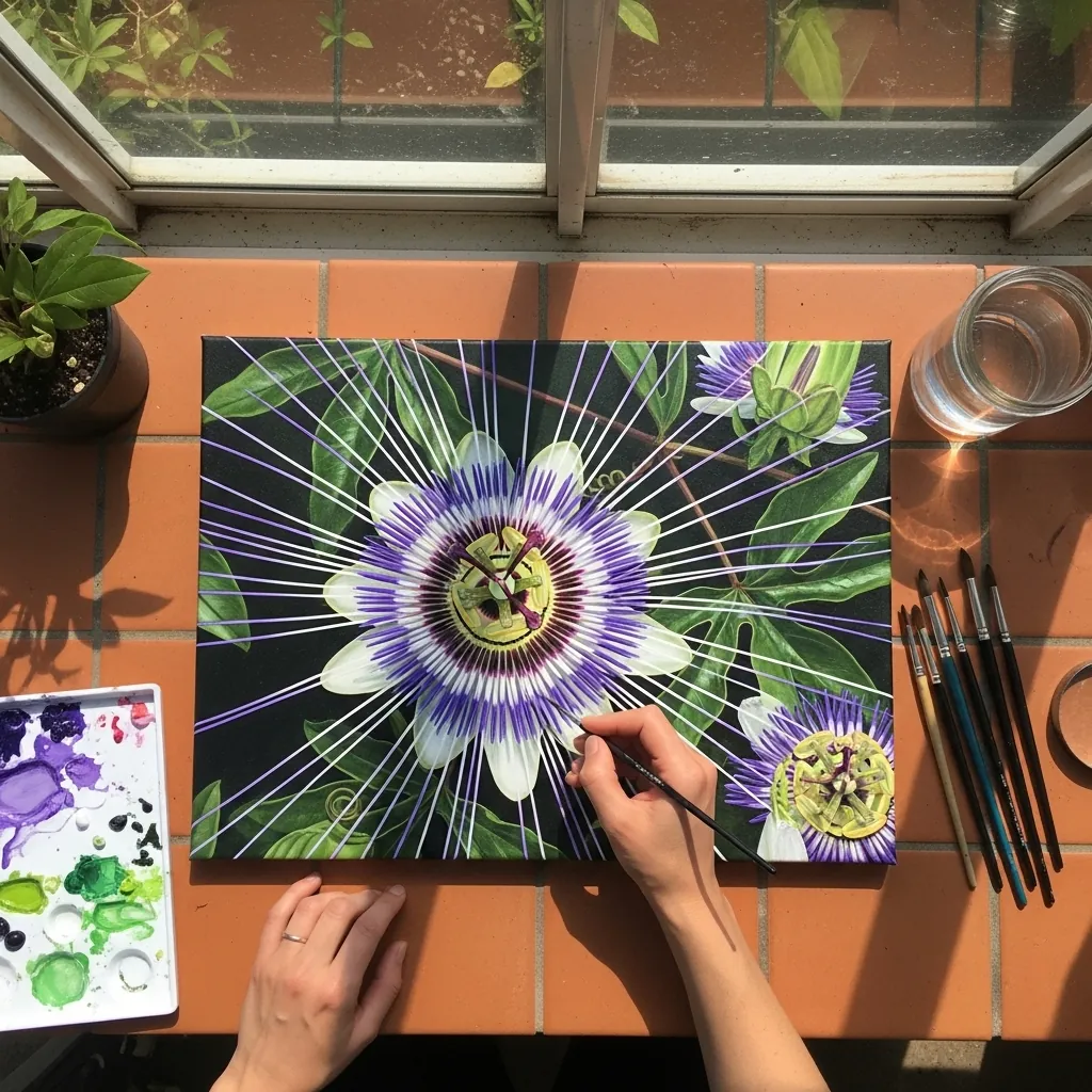 Intricate purple and white passionflower painted against a dark green background