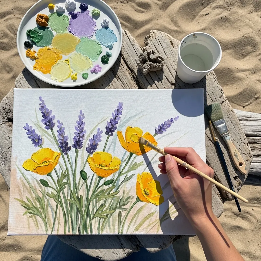 Soft acrylic painting of lavender stems and yellow poppies on pale ground