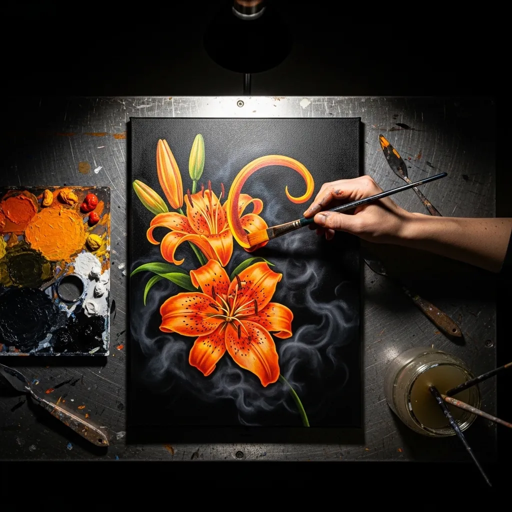 Dramatic orange tiger lily painted on a black canvas with curling stamens