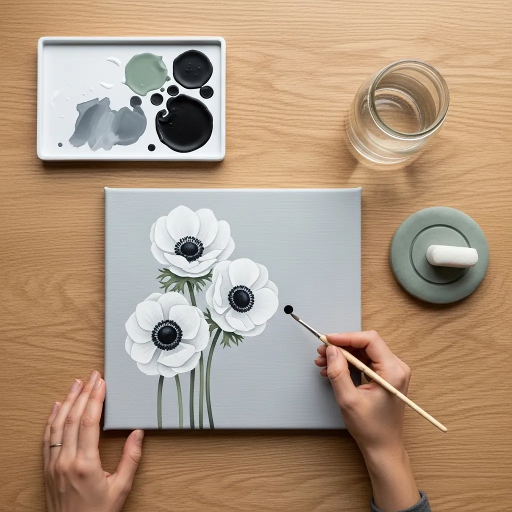 Three white anemones with black centers painted on a soft gray canvas