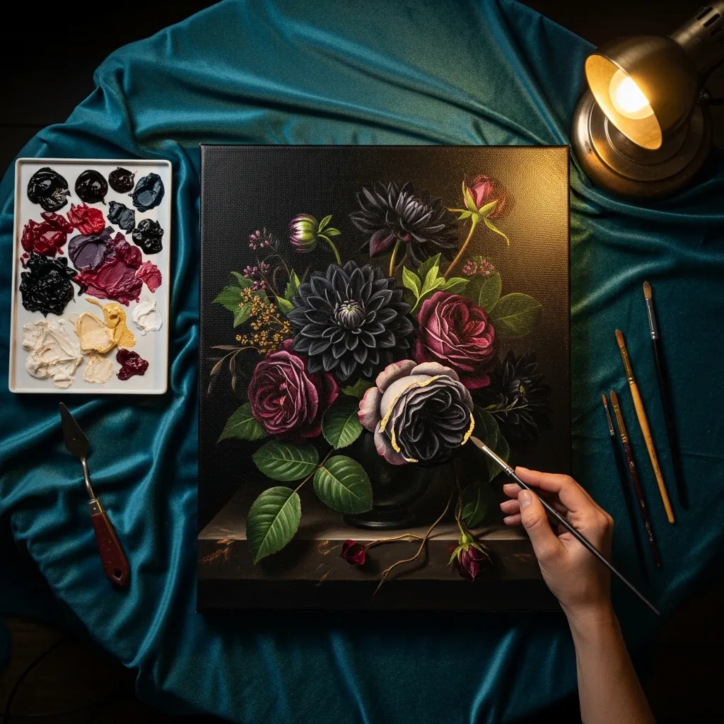 Deep moody acrylic still life of dark roses and dahlias on teal velvet fabric