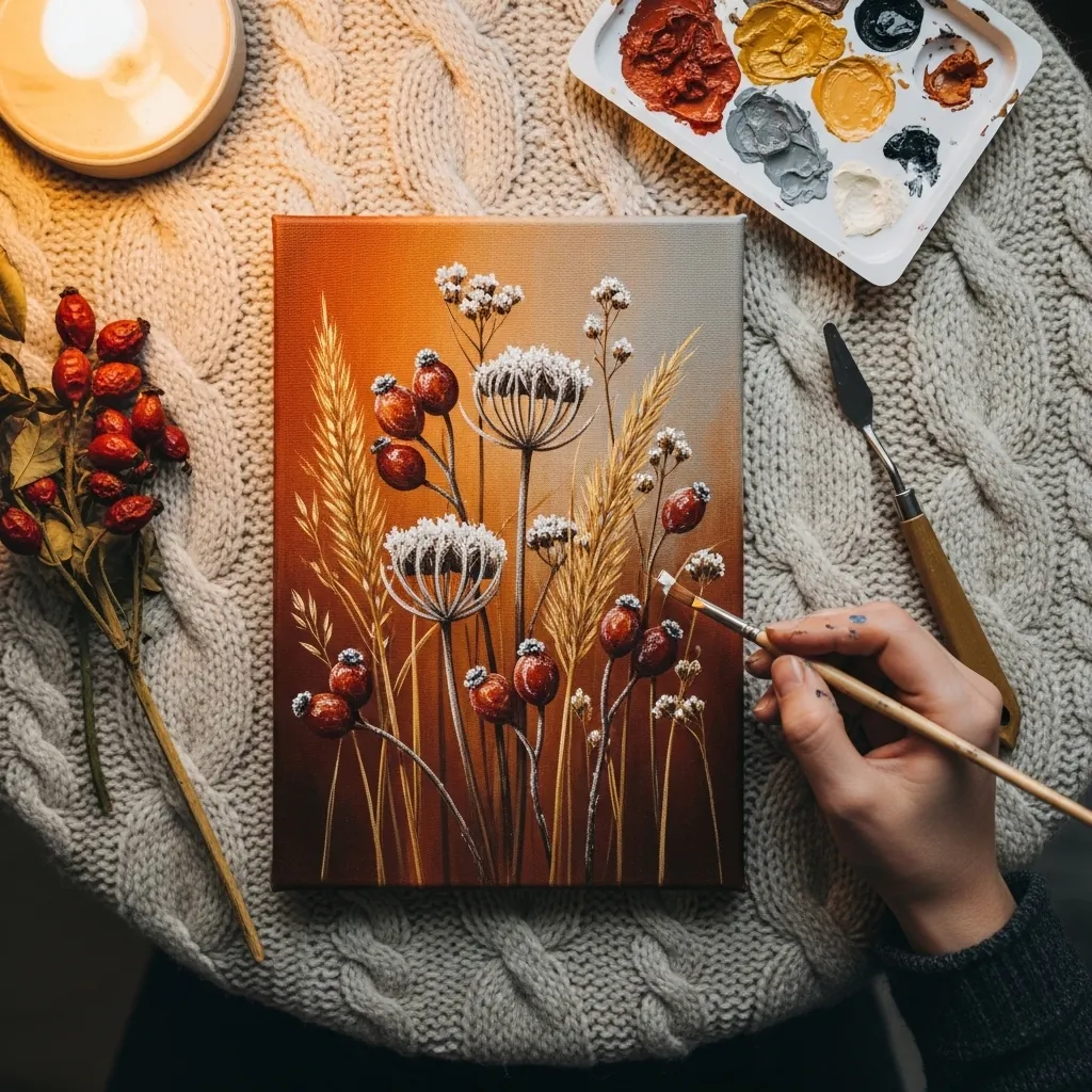 Acrylic painting of dried seed heads, grasses and red berries on a warm orange ground