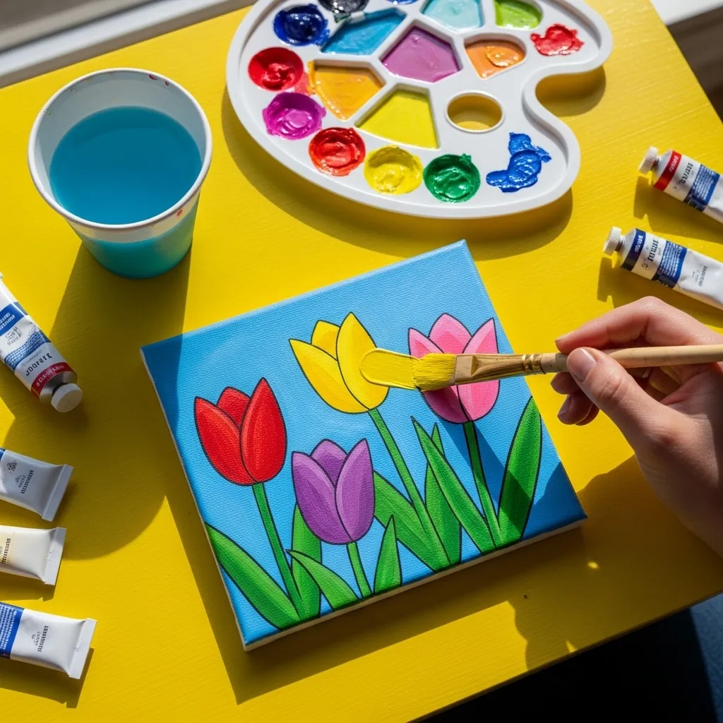 Simple flat acrylic tulips in red, yellow and purple with bold black outlines