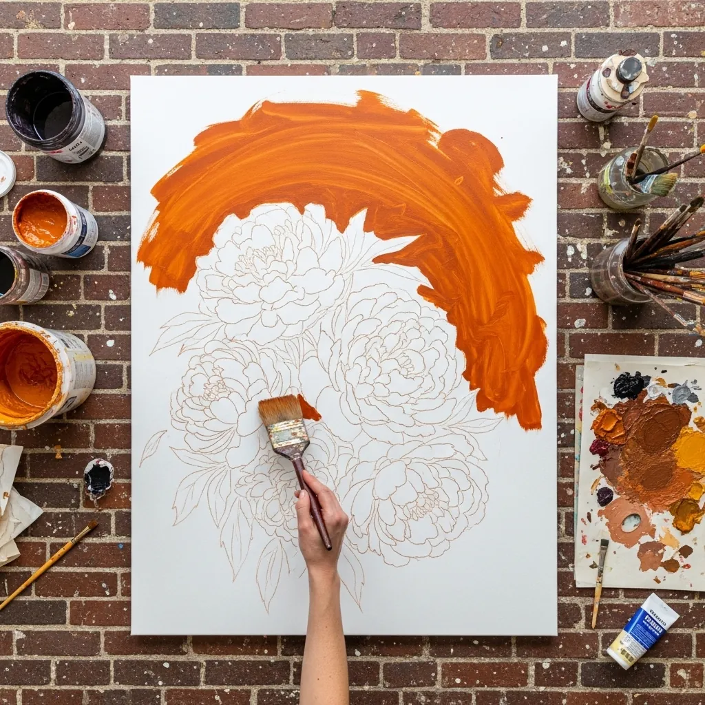 Canvas showing a flower line drawing with a broad orange underpainting sweeping over it