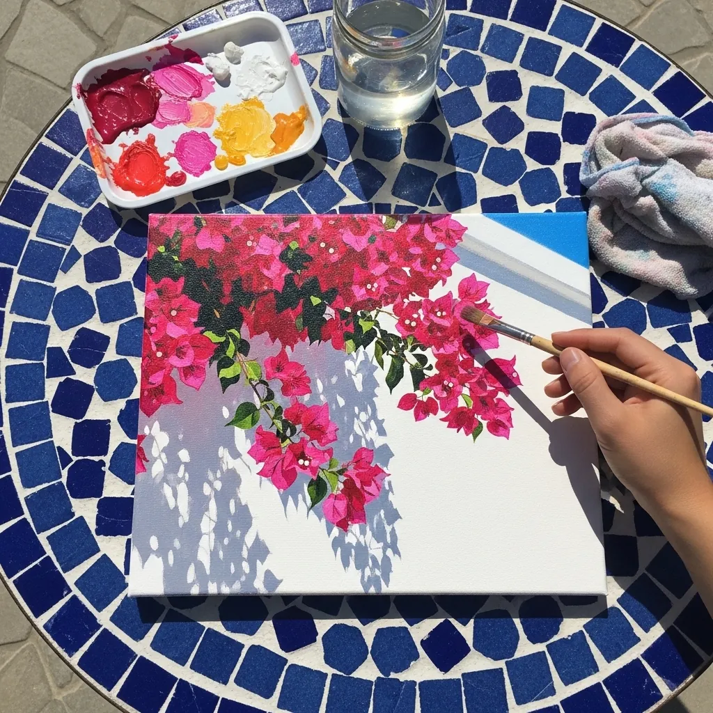 Pink bougainvillea painted spilling over a pale white wall in acrylic