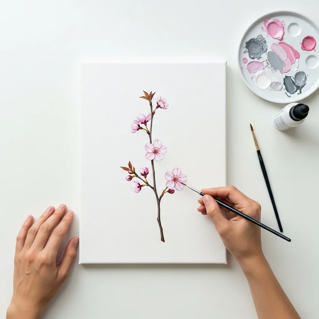 Single delicate cherry blossom sprig painted minimally on a large white canvas
