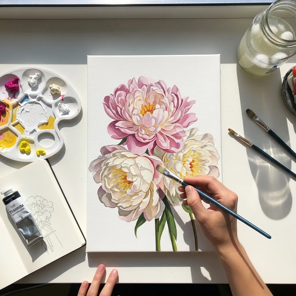 Large acrylic painting of a single pink and white peony filling the canvas