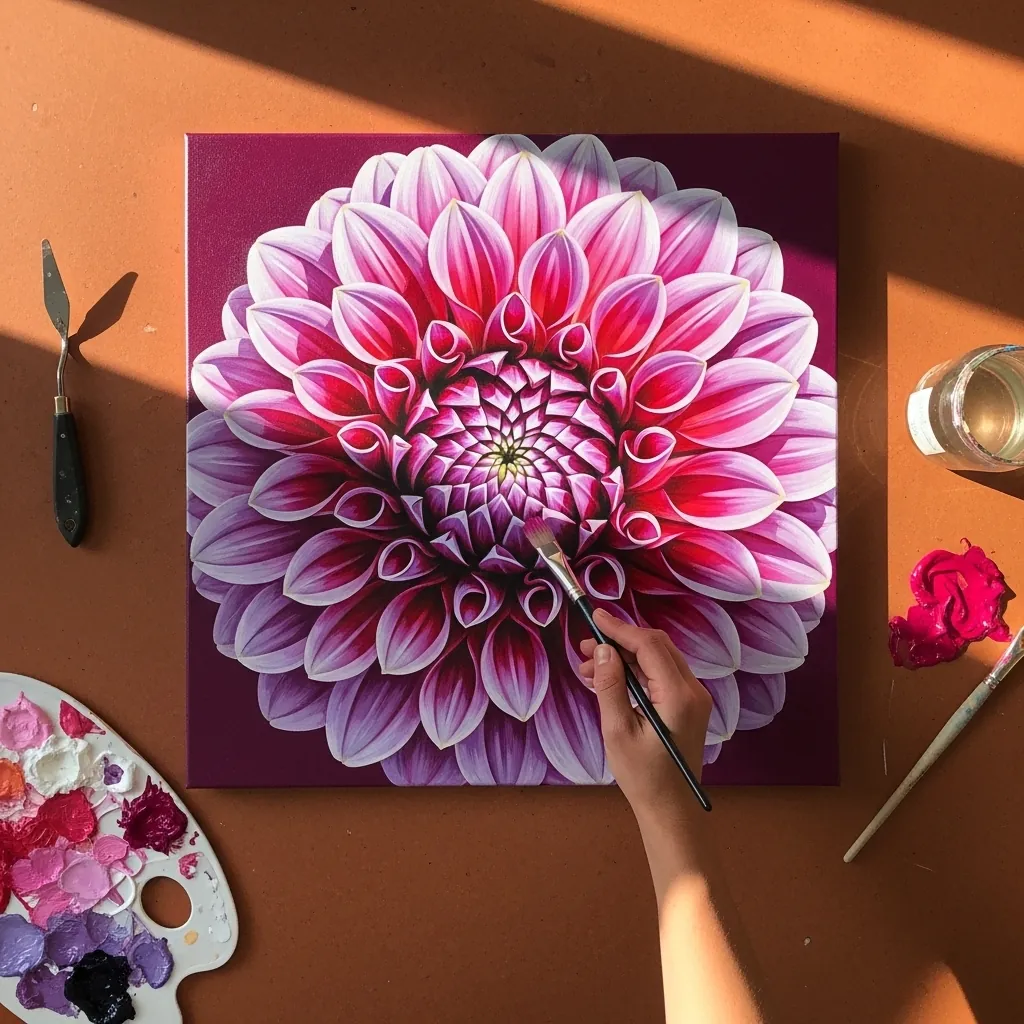 Large detailed magenta dahlia filling the canvas on a purple background