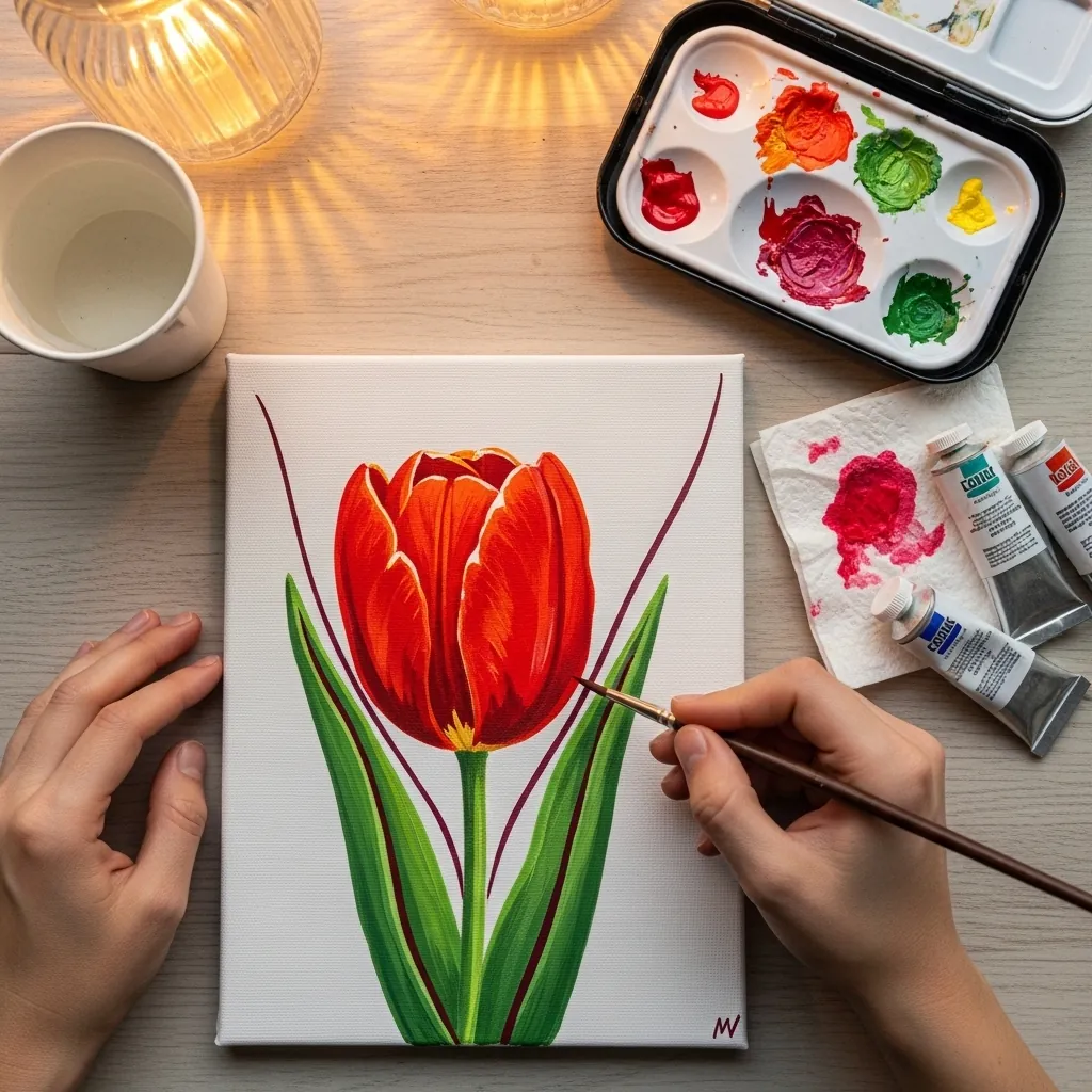 Simple acrylic painting of one red tulip with green leaves on white canvas