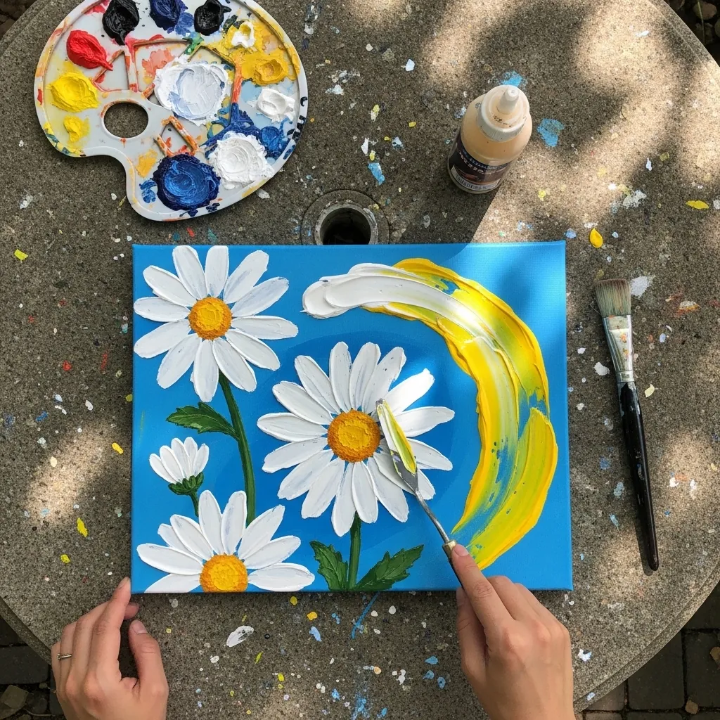 Bold acrylic daisies with white petals on a bright blue background