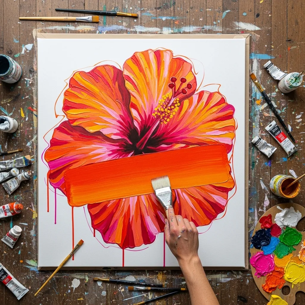 Vivid orange and pink hibiscus painted with a palette knife stripe across it