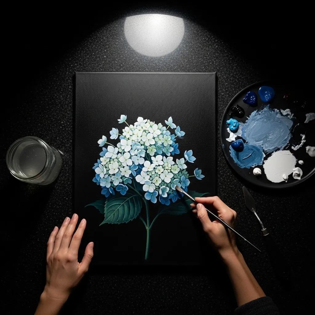 Dramatic acrylic hydrangea with white and blue florets against a black background
