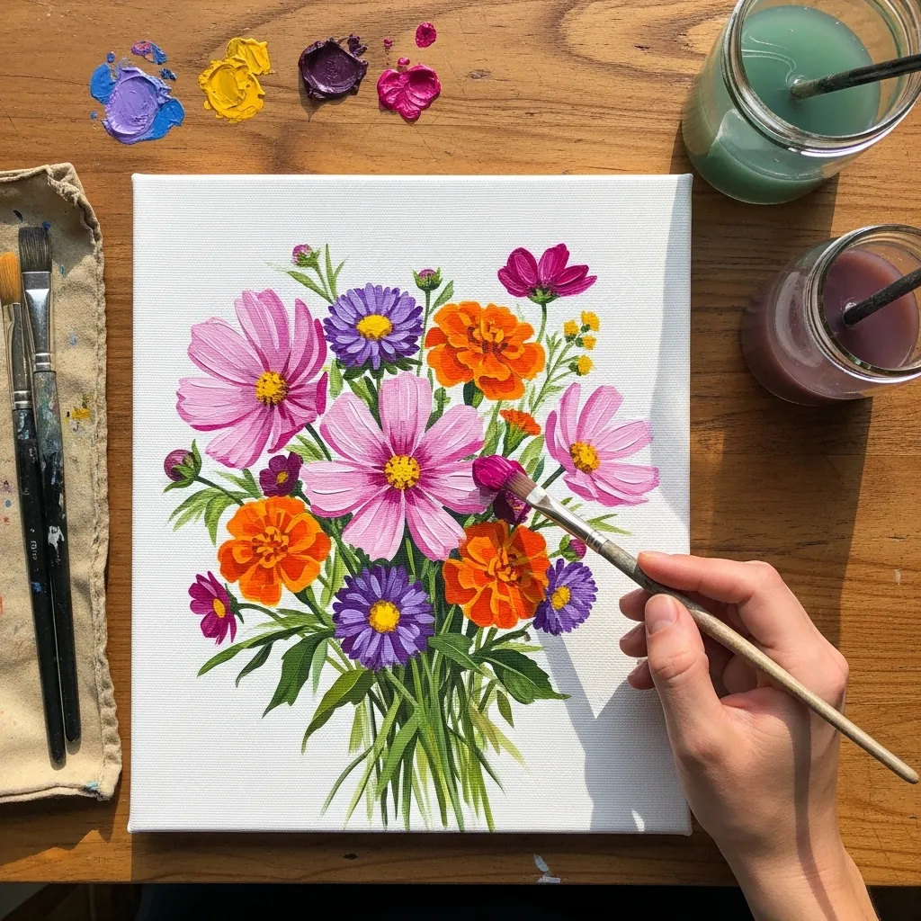 Colorful acrylic bouquet of pink, orange and purple cosmos with fine foliage