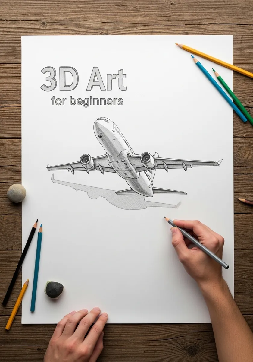 Anamorphic 3D pencil drawing of an airliner taking off with a cast shadow