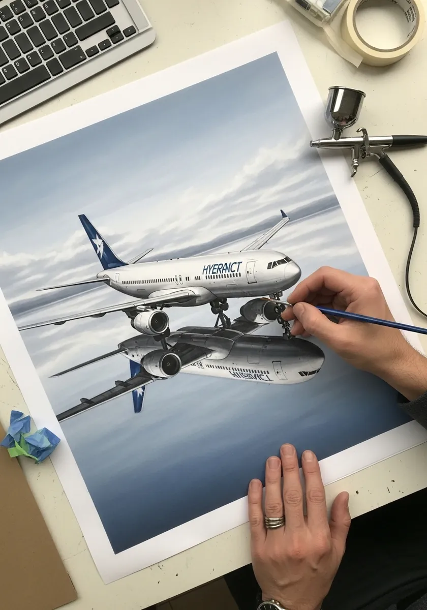 Airbrushed photorealistic painting of two white airliners flying through cloud