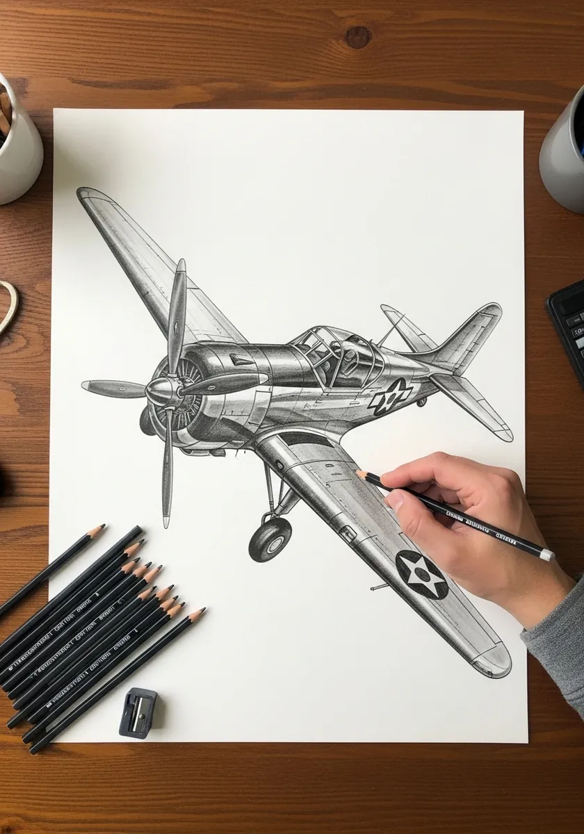 Detailed graphite pencil study of a World War Two propeller fighter plane