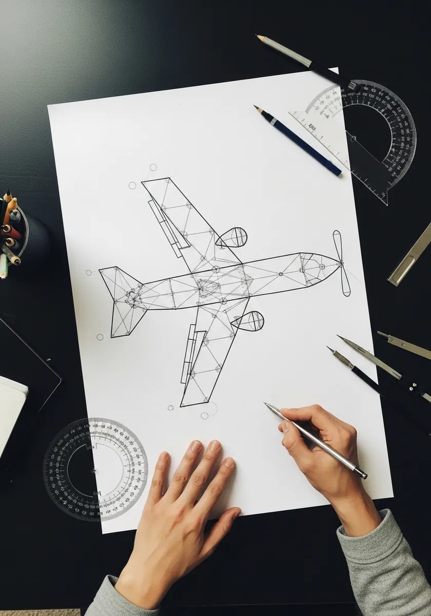 Technical wireframe drawing of an airplane made with compass and protractor