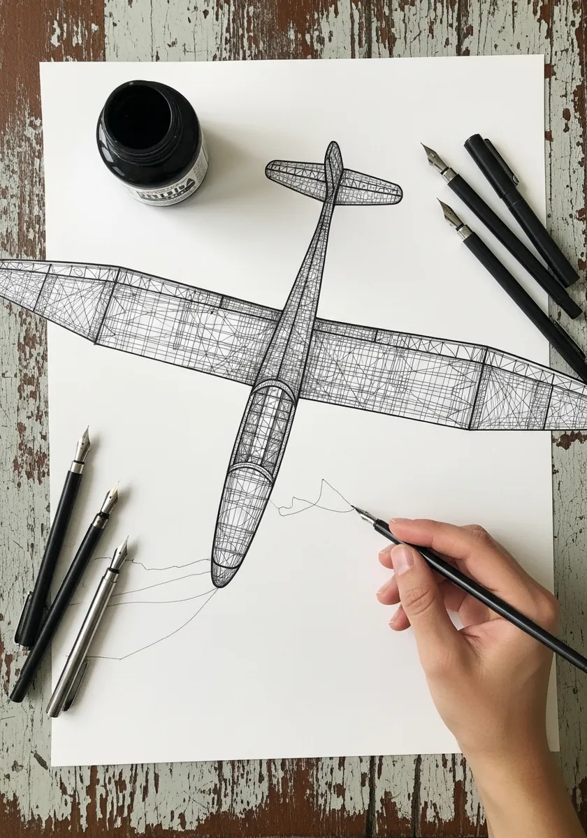 Fine ink crosshatch drawing of a glider with long slender wings