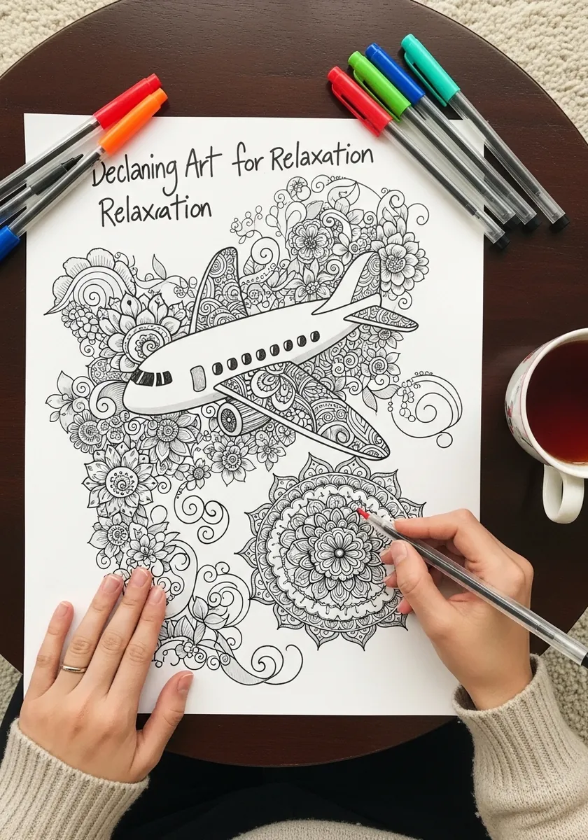 Zentangle airplane surrounded by intricate doodled flowers and mandalas
