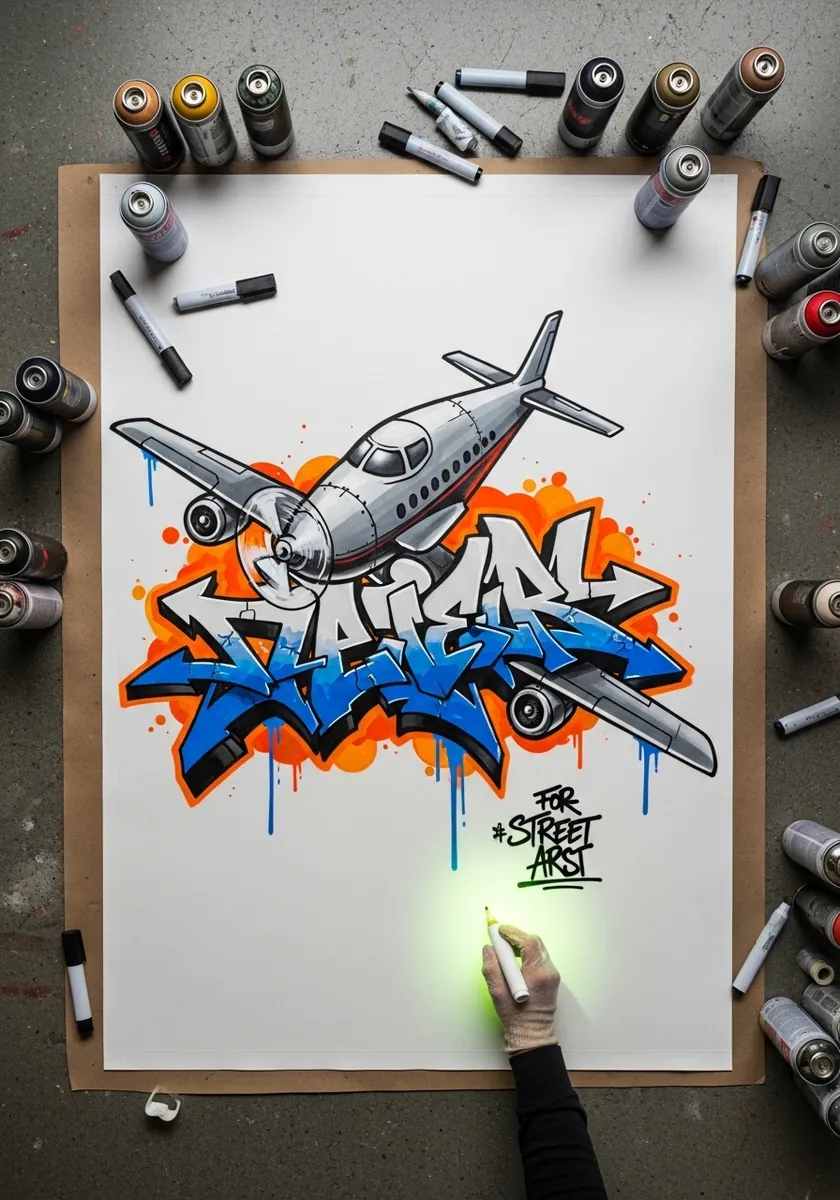 Graffiti style airplane over orange and blue wildstyle spray paint lettering