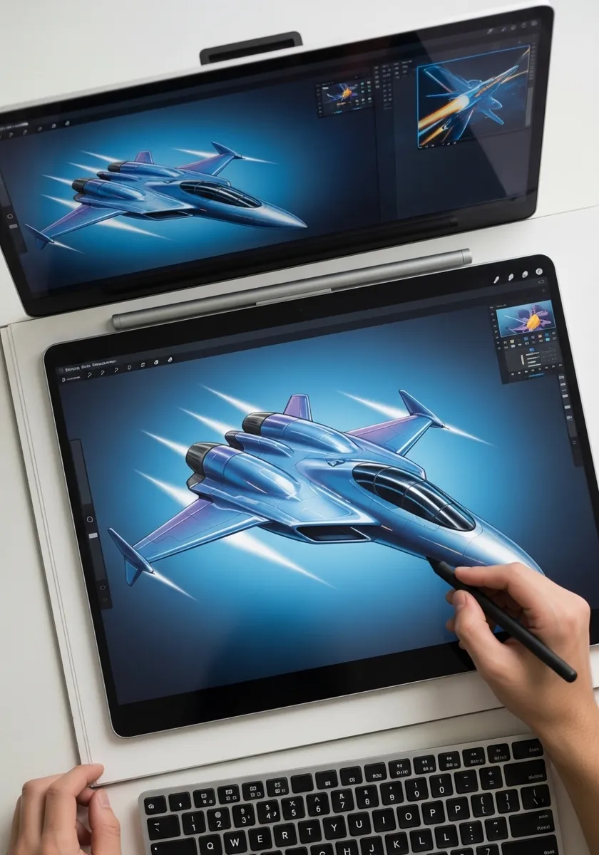 Digital concept art of a sleek blue science fiction jet on a drawing tablet