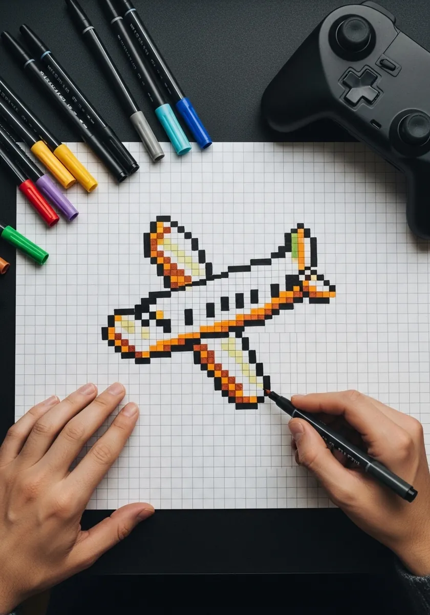 Pixel art airplane drawn square by square on grid paper in orange and white