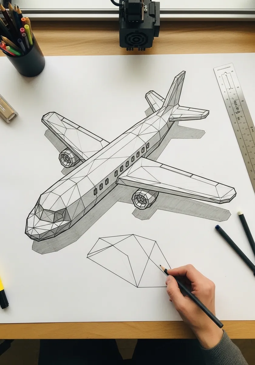 Low poly faceted airliner drawn in gray tones with a strong drop shadow