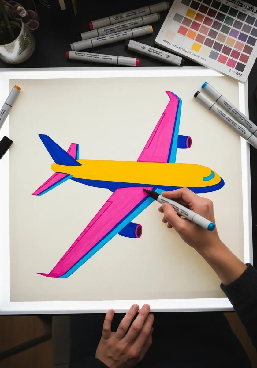 Flat marker drawing of an airliner in bold magenta yellow and blue blocks
