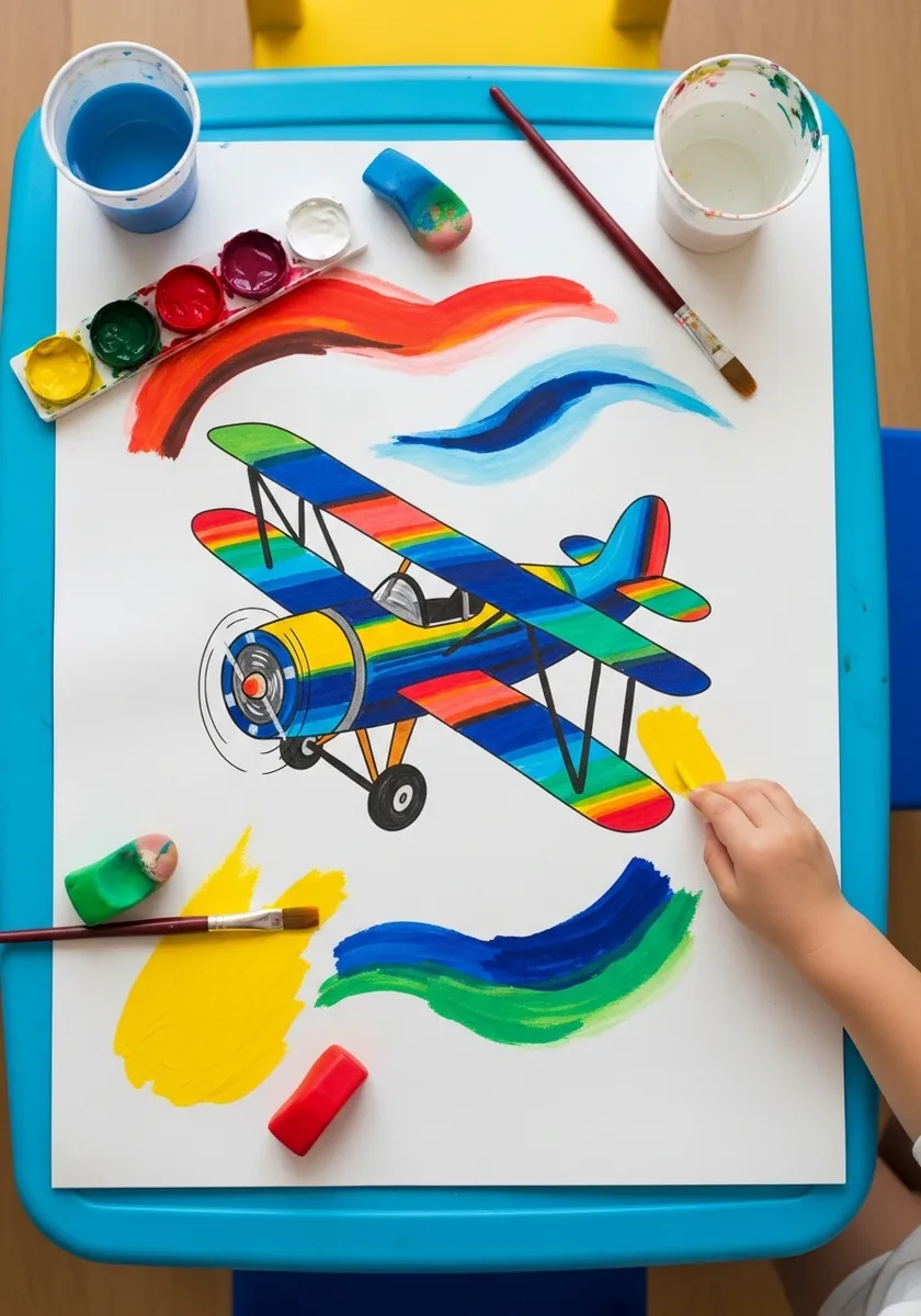 Child painting a rainbow striped biplane with bright poster paints
