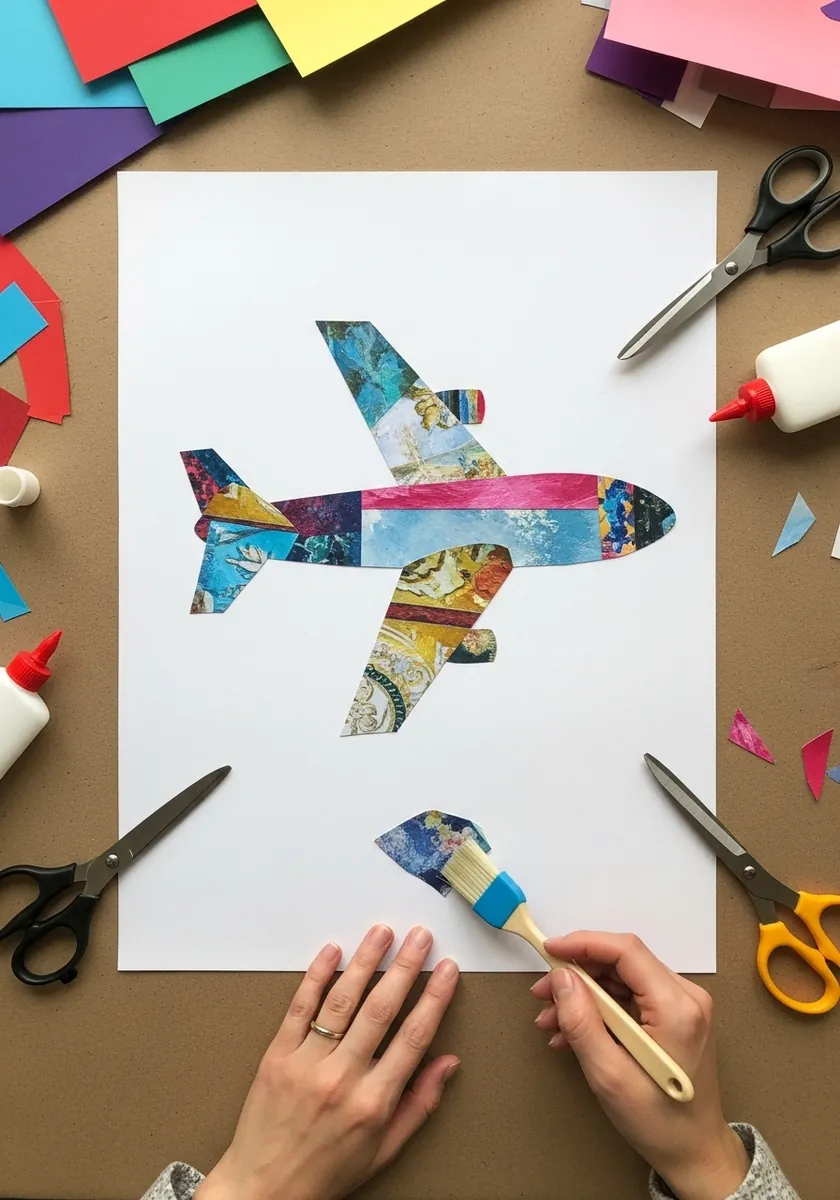 Airplane cut from patterned magazine pages and collaged onto white paper