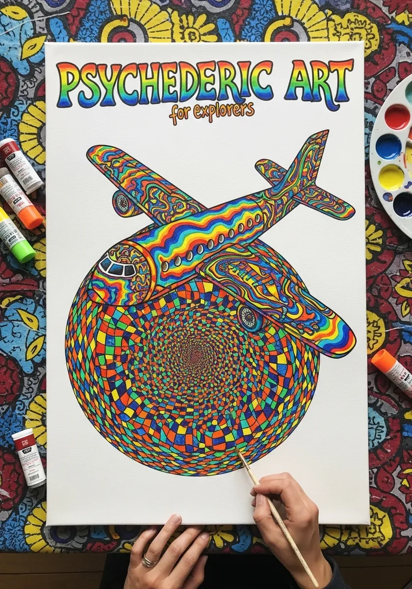 Psychedelic airplane in rainbow patterns above a swirling checkerboard vortex