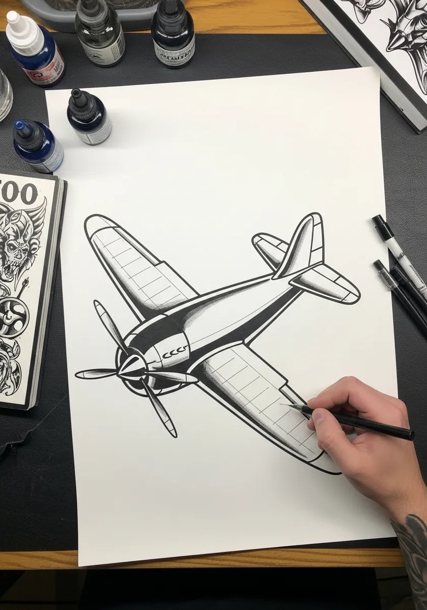 Traditional tattoo flash style propeller plane drawn in bold black ink