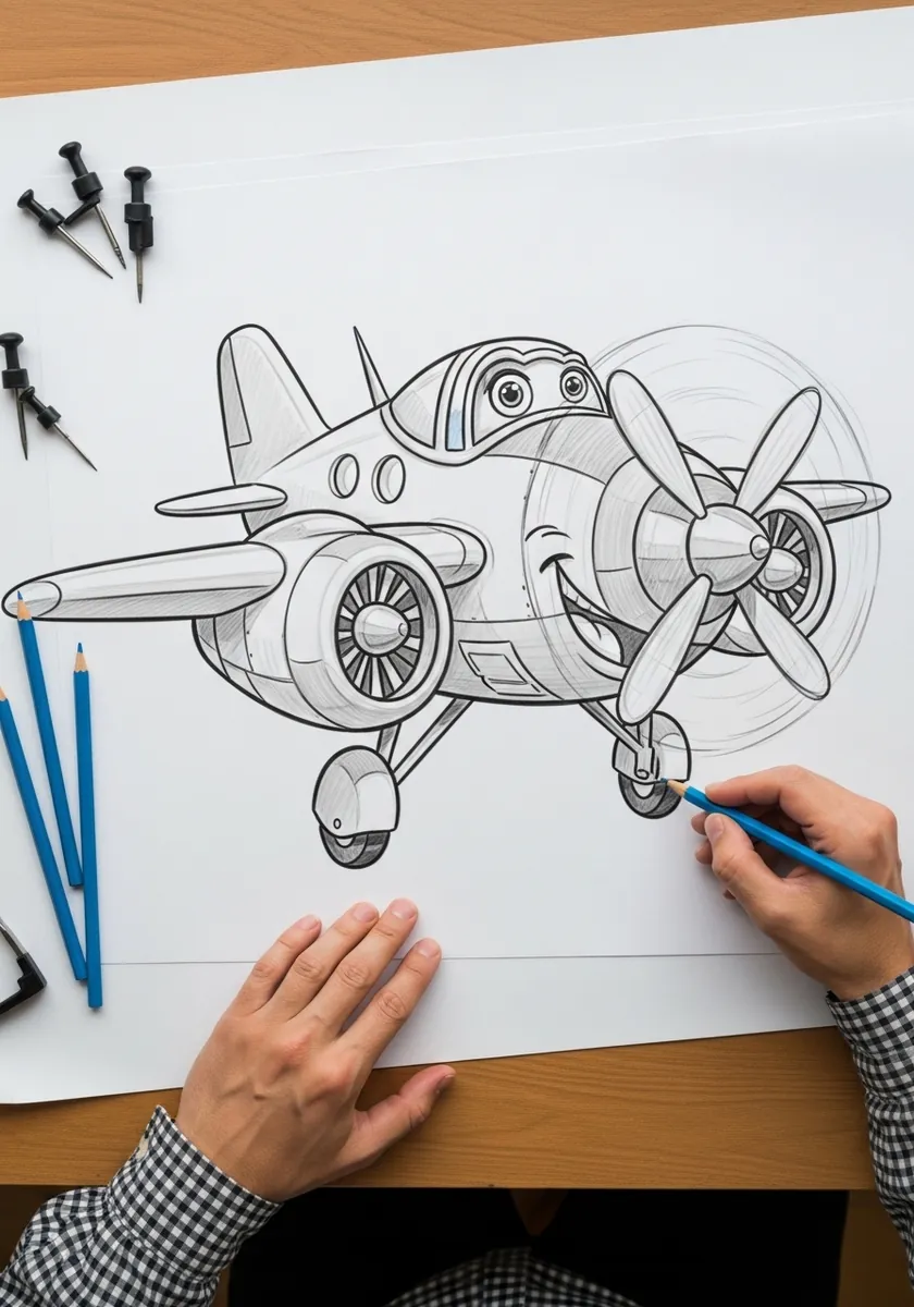 Cartoon airplane with a friendly face and an oversized front propeller