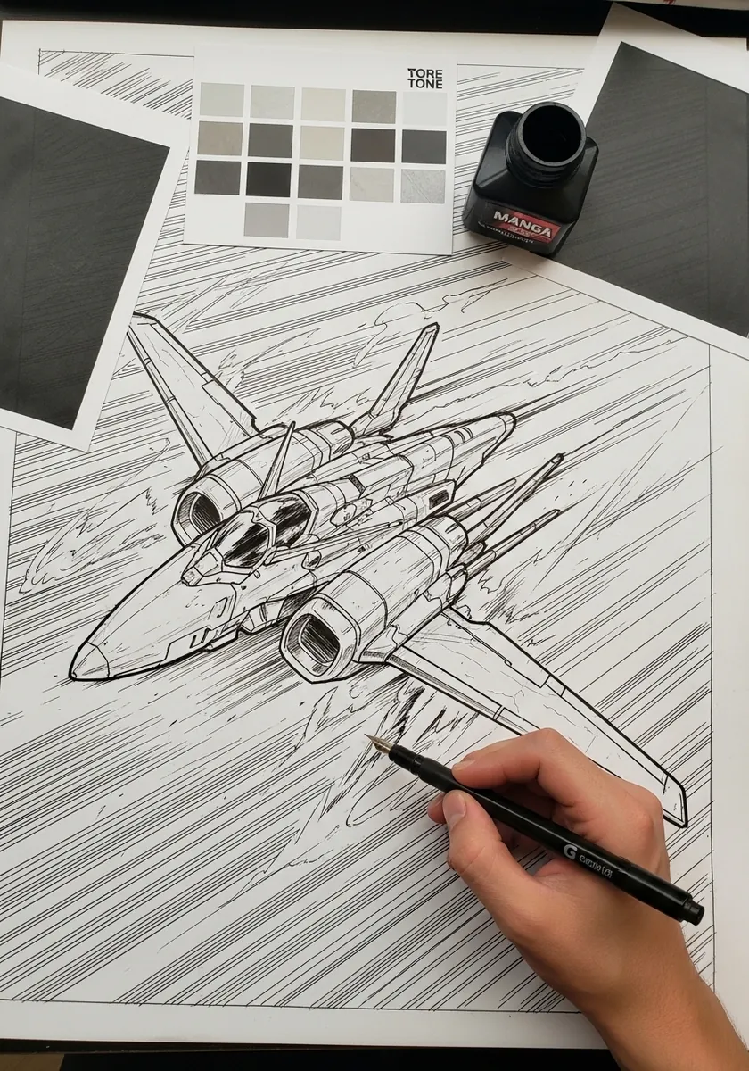 Manga style fighter jet with screentone shading and radiating speed lines