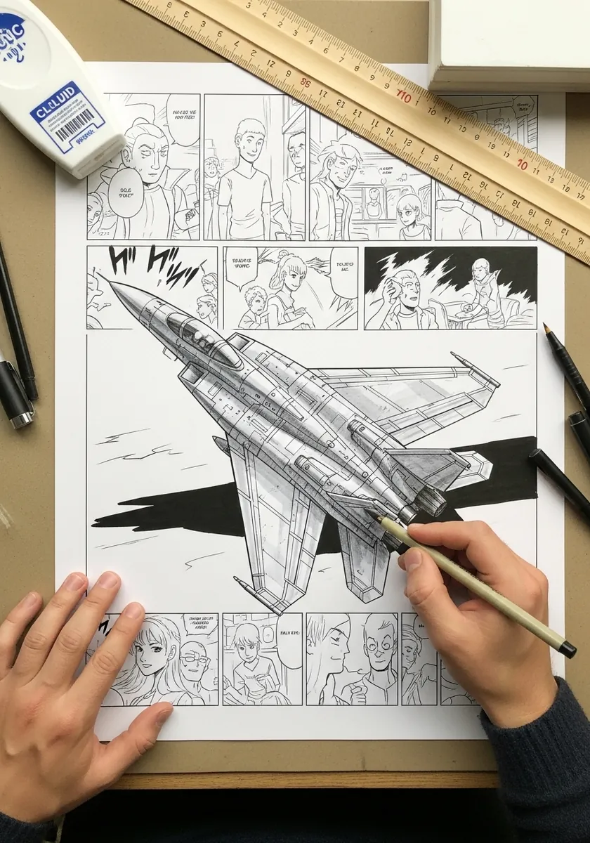 Comic book page layout with a fighter jet breaking out of the center panel
