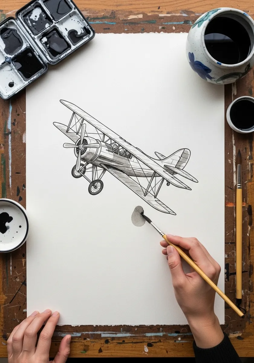 Clean ink line drawing of a biplane with struts and wire rigging