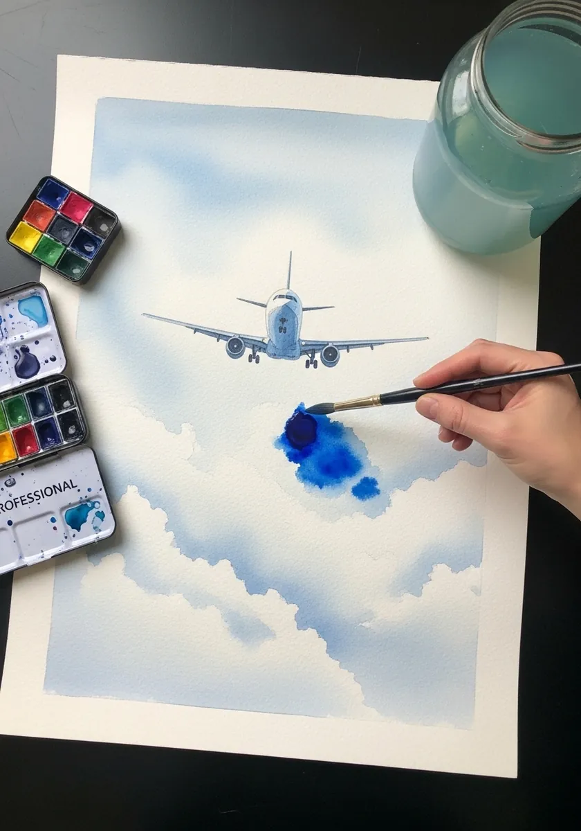 Soft watercolor painting of a distant airliner surrounded by pale blue clouds
