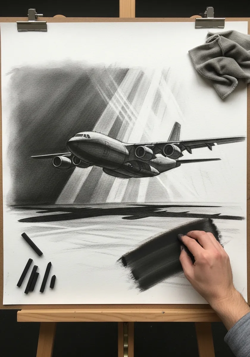 Charcoal drawing of a heavy cargo plane flying through shafts of light