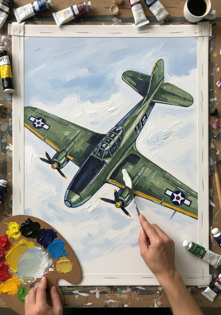 Acrylic painting of an olive green World War Two bomber against a cloudy sky