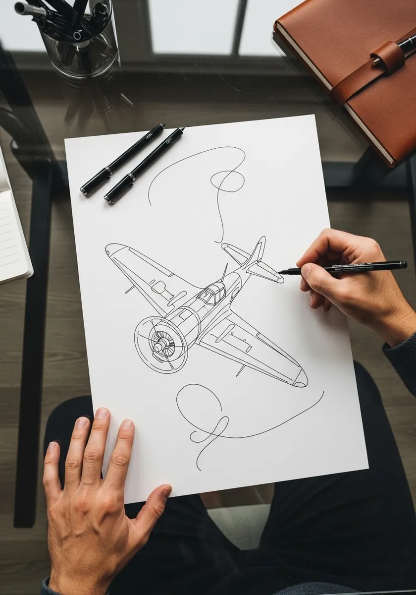Continuous single line drawing of a vintage propeller fighter plane