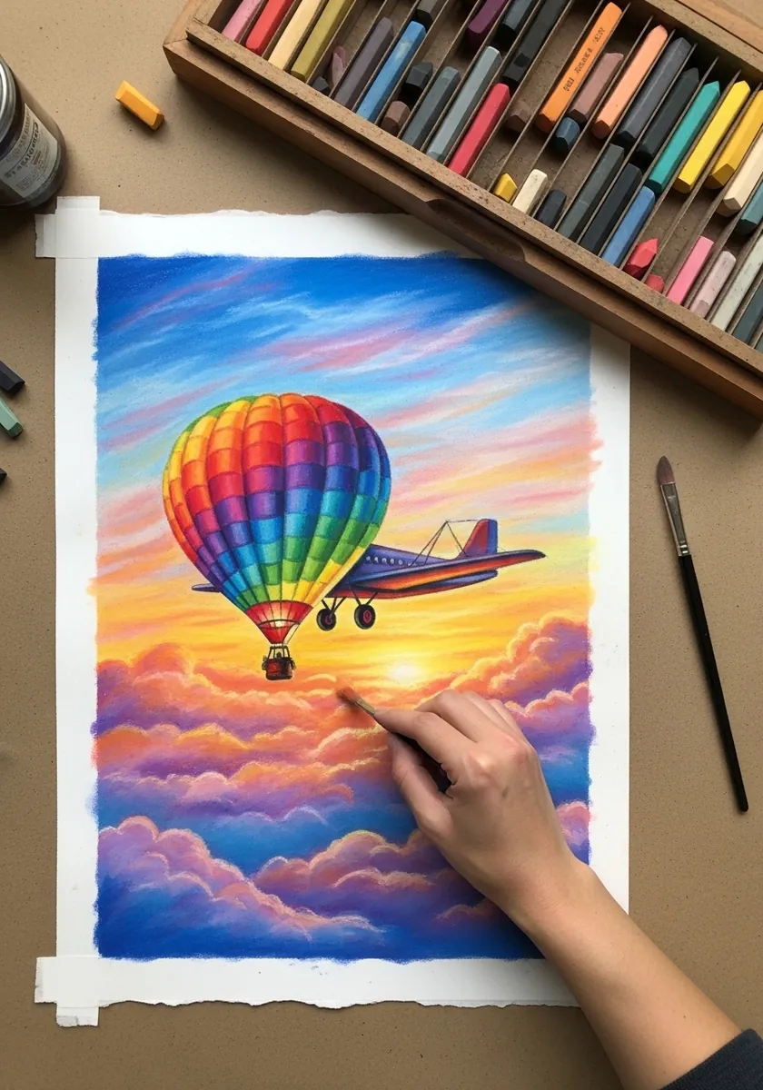 Oil pastel drawing of a hot air balloon and a small plane at sunset