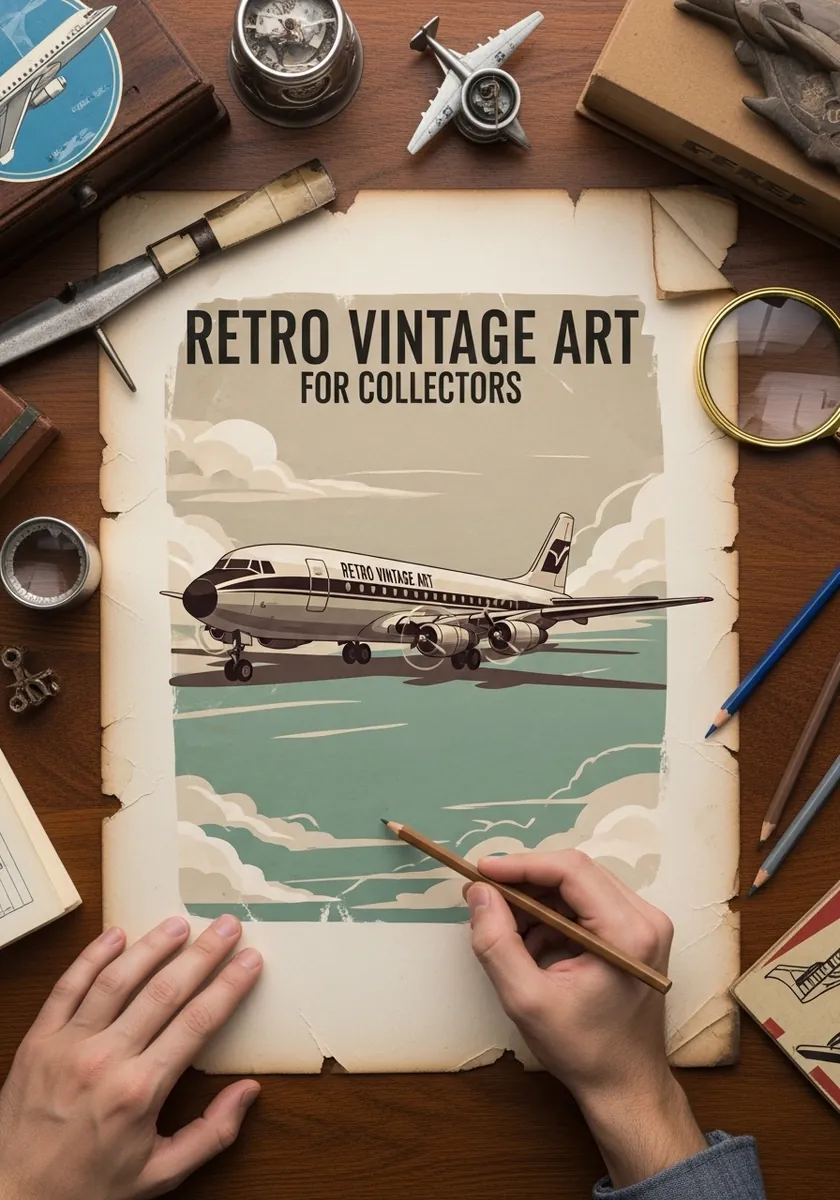 Retro travel poster style airliner on a distressed cream background