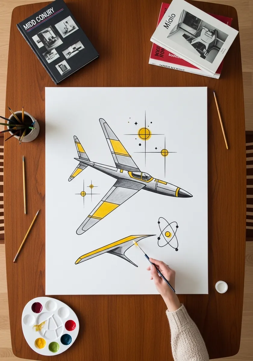 Mid century modern jet outline in gray and yellow with atomic starburst motifs