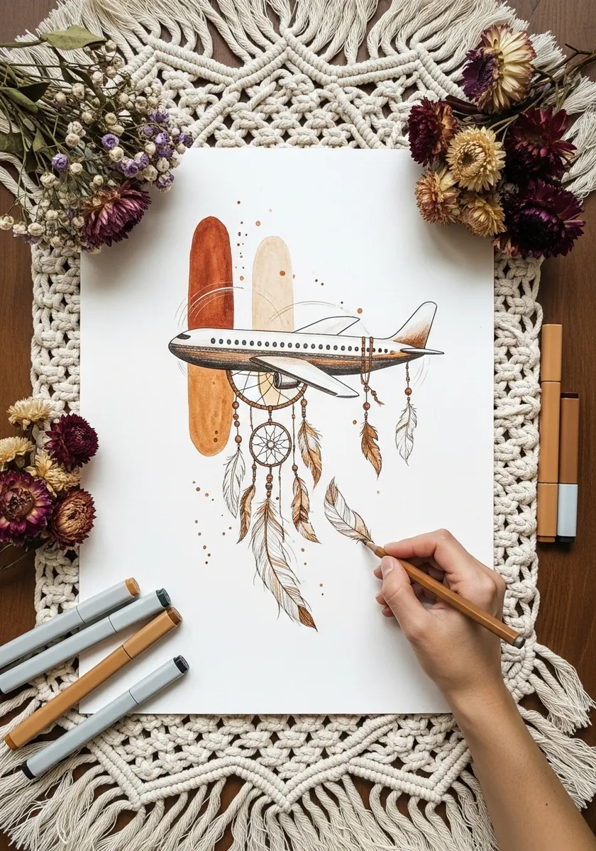 Boho style airplane with hanging feathers and terracotta arch shapes behind it