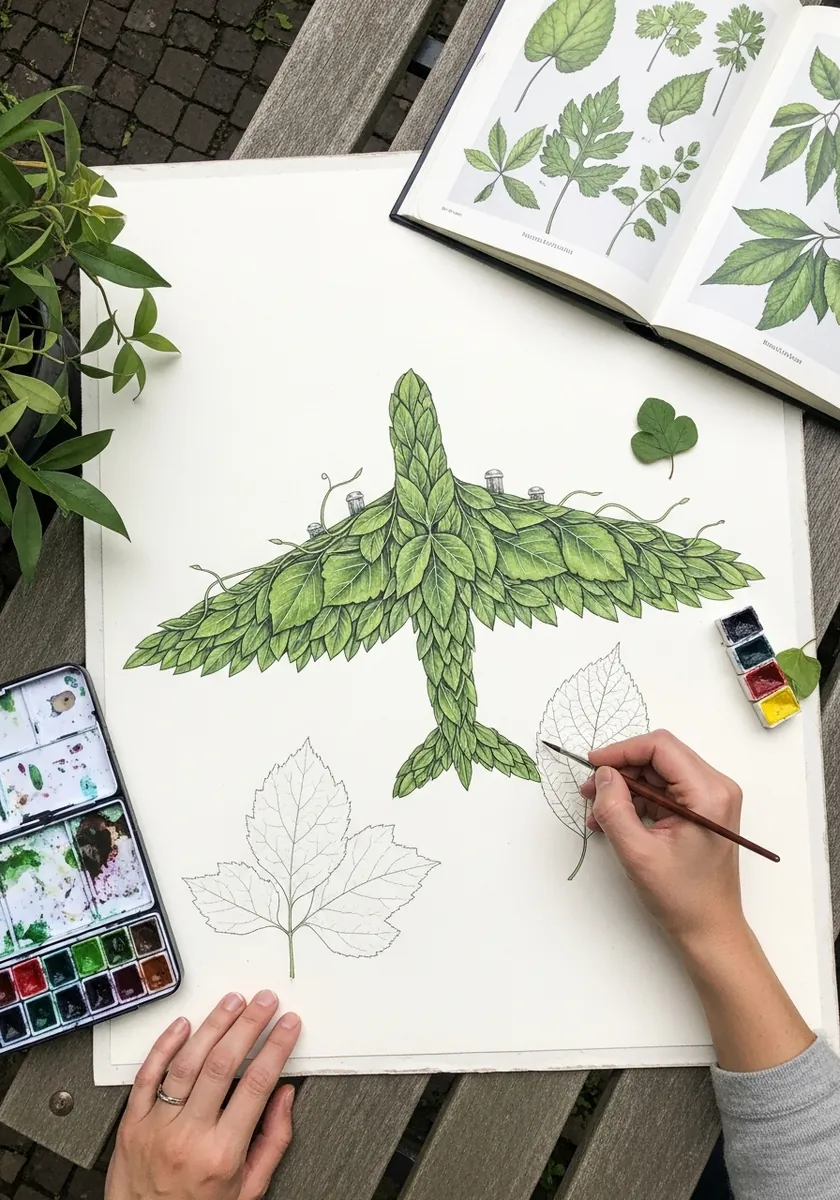 Airplane shape formed entirely from overlapping green botanical leaves