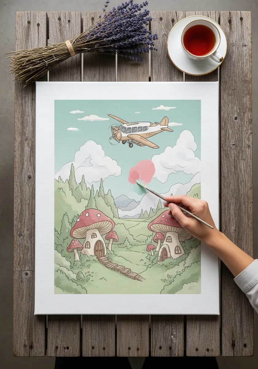 Whimsical storybook drawing of a small plane flying over a mushroom village